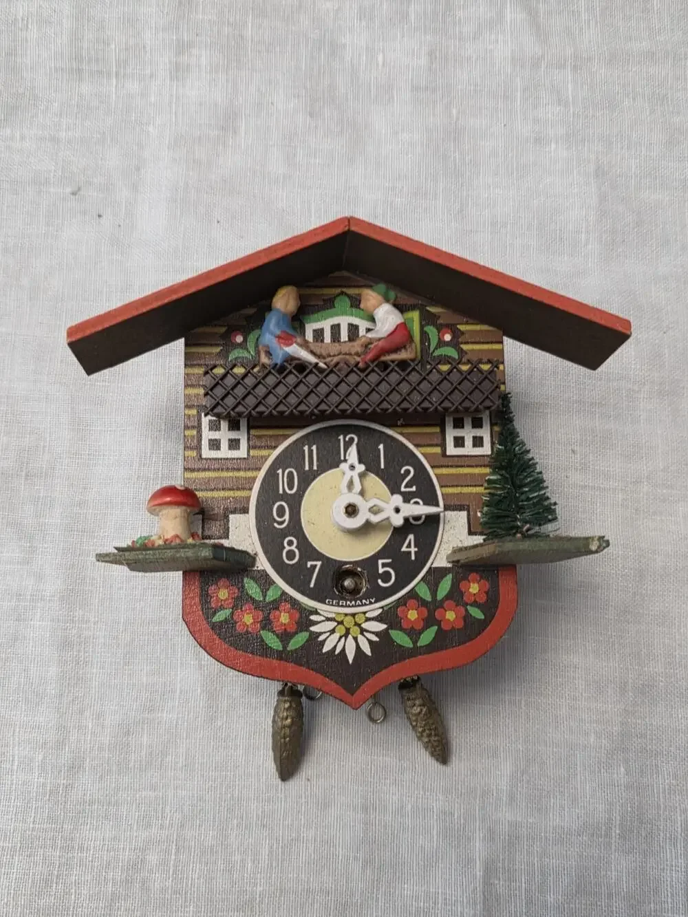 Vintage Mini Cuckoo Clock Germany Tree Mushroom Cabin House (No Key)